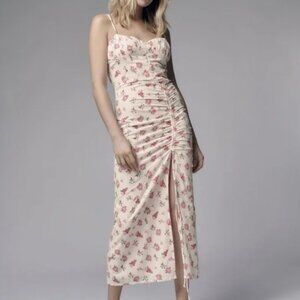 Zara White Pink Linen Blend Floral Midi Dress with Ruched Front Medium